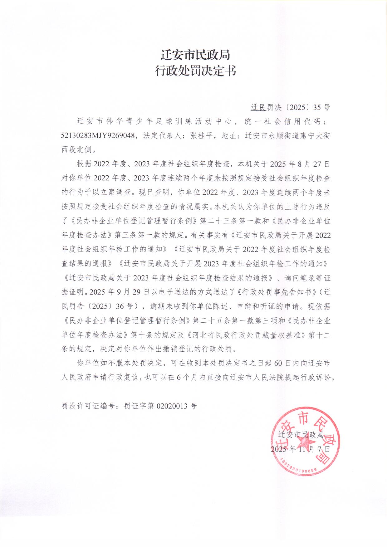 迁安市伟华青少年足球训练活动中心行政处罚决定书.jpg